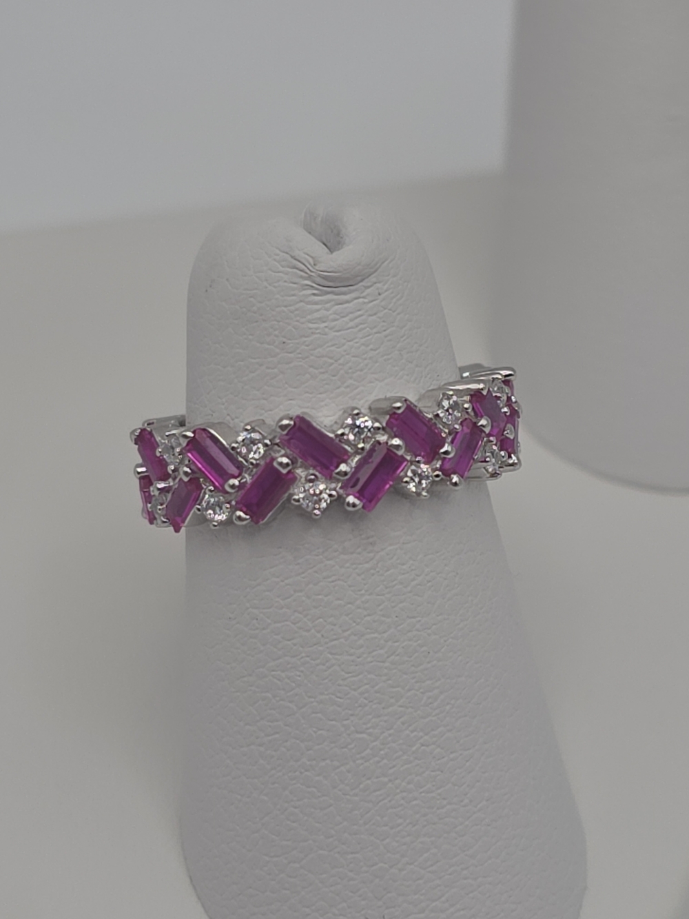 Sterling Silver 925 Ring with Pink Baguette Stones and Clear Accents